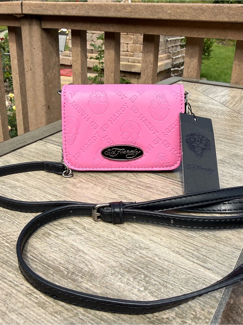 NWT Ed Hardy pink skull-embossed crossbody wallet bag